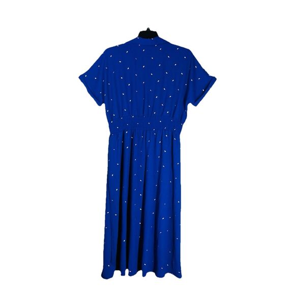 Alex & Parker Women 1X Blue Maxi Midi Dress Gold Print Stretch Button Boho Chic - Picture 2 of 9